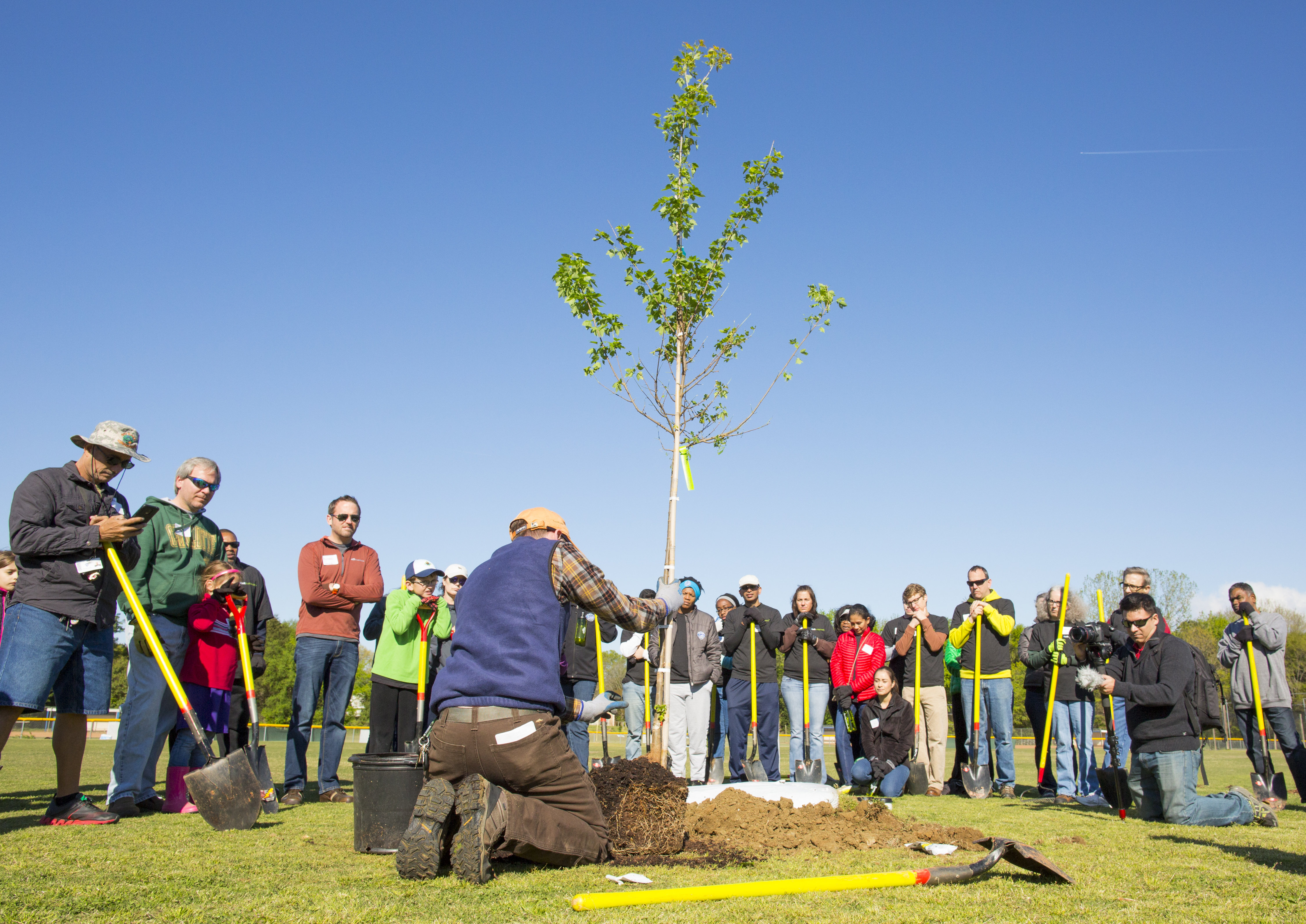 Trees Charlotte hosted a tree planting event Saturday, April 9, 2016 at Olde Providence Elementary School in Charlotte, NC where hundreds of volunteers planted trees all over the vast property.